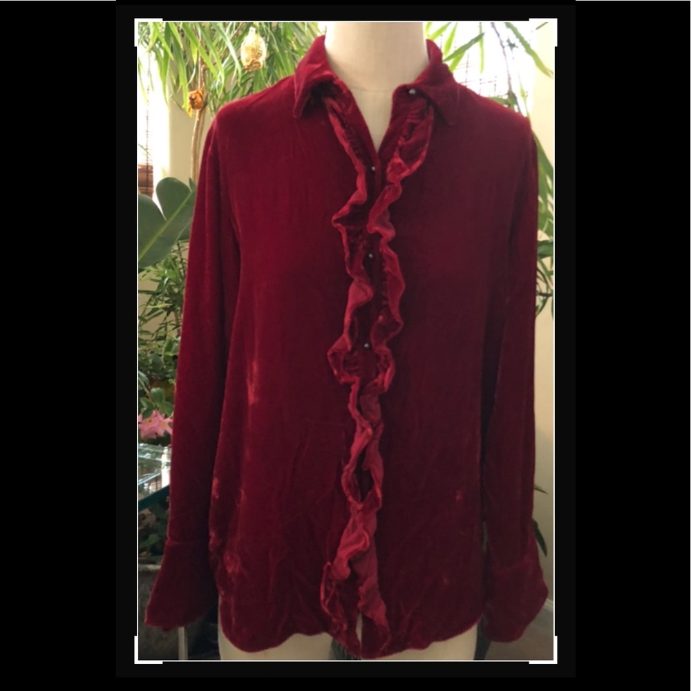 Lauren Red Velvet Ruffle Button Shirt